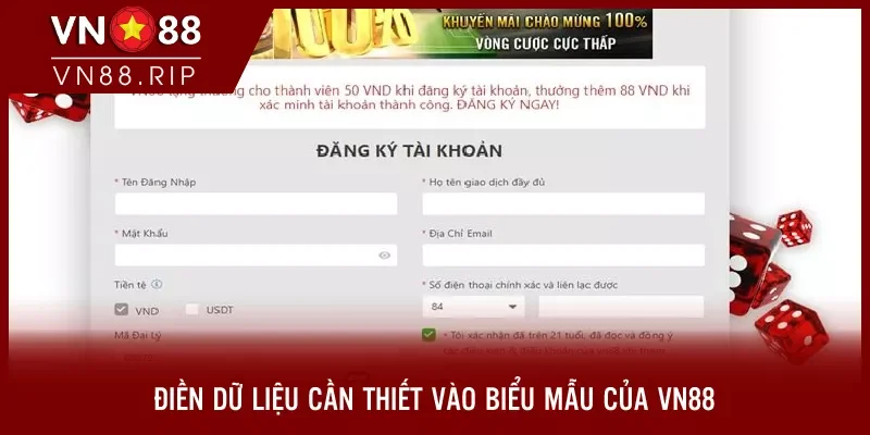 Điền dữ liệu cần thiết vào biểu mẫu của VN88